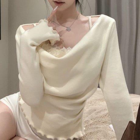 フェイクレイヤード ニット トップス フラワーキャミソール ショート丈 オフショルダー ベルスリーブ スリムフィット 長袖 レトロ 大人可愛い ガーリー DTCA-870171008543