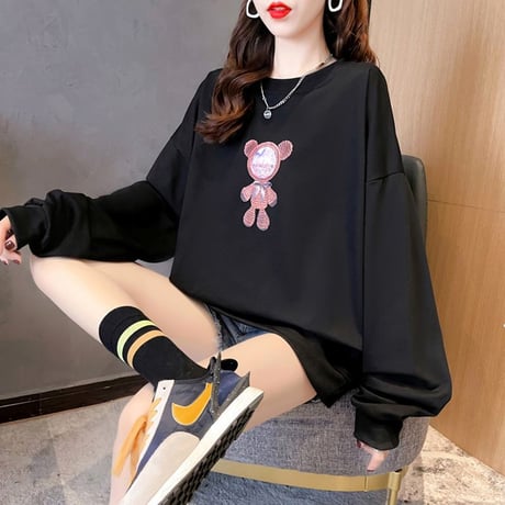 トレーナー 羽 エンジェルくまちゃん 薄手 シンプル ルーズ 韓国ファッション レディース トップス 大きめ ガーリー カジュアル ストリートファッション DTC-651472313621