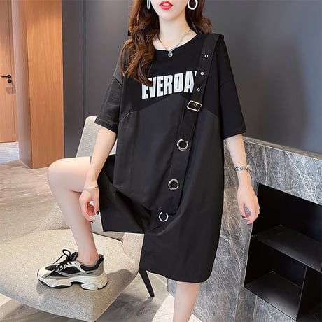 フェイクレイヤード ワンピース Tシャツ ジャンパースカート 半袖 ルーズ 韓国ファッション レディース ドッキングワンピース カジュアル 大人可愛い ガーリー DTC-651220942798