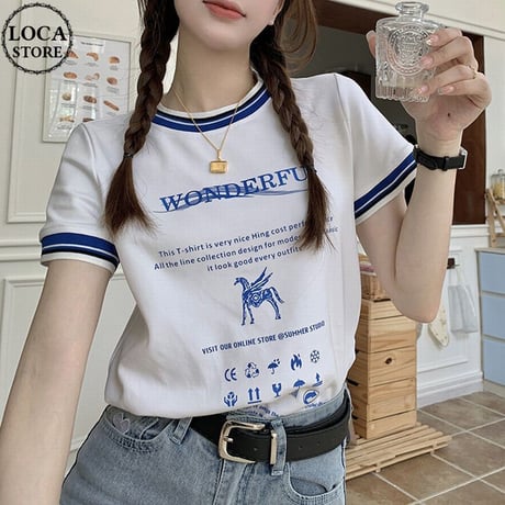 Tシャツ 半袖 トップス プリント クルーネック 薄手 レトロ 韓国ファッション レディース 大人可愛い ガーリー カジュアル DTC-716593164787