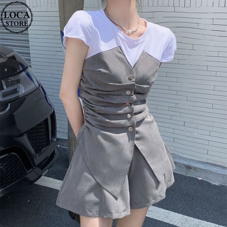 セットアップ フェイクレイヤードトップス ショートパンツ 半袖 ウエストゴム 2点セット レトロ 韓国ファッション レディース 大人可愛い ガーリー DTC-678960859657