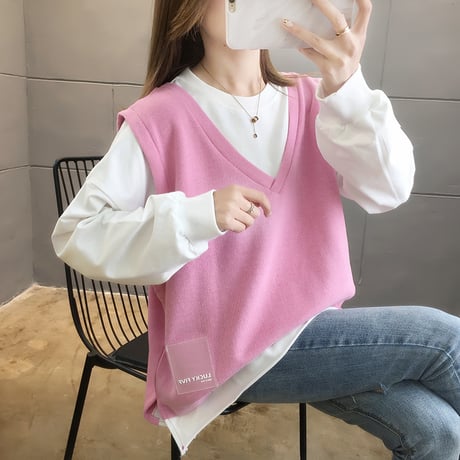 フェイクレイヤード トップス ベスト ドッキング ラウンドネック ルーズ 韓国ファッション レディース ゆったり 体型カバー 大人可愛い ガーリー DTC-624754370918