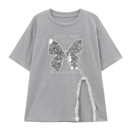 Tシャツ スパンコール バタフライ 蝶 レース スリット キラキラ トップス ルーズ 半袖 レトロ 韓国ファッション レディース 大人可愛い ガーリー DTC-797869272696