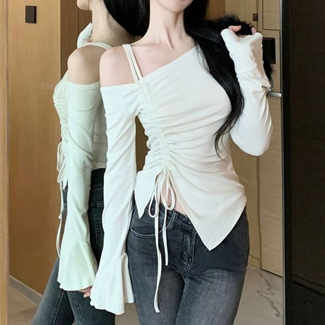 Tシャツ ワンショルダー ギャザー カットソー トップス ショート丈 不規則 スリムフィット アプリコット ブラック シンプル 長袖 レトロ 大人可愛い ガーリー DTCA-757439921172