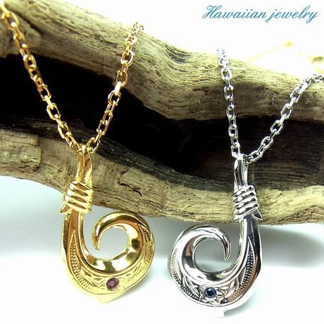 ハワイアンジュエリー ネックレス 金属アレルギー対応 フィッシュフック サファイア ルビー ステンレス メンズ レディース アクセサリー インスタ Gps81026-27