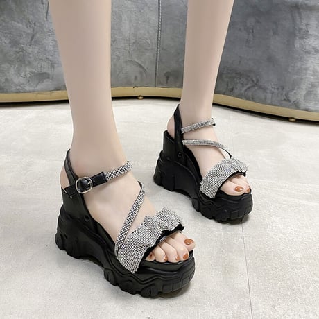 厚底 サンダル 22.0～24.5cm ビジュー ラインストーン バックル プラットフォーム 厚底サンダル オープントゥ 韓国ファッション レディース DTC-527407401064