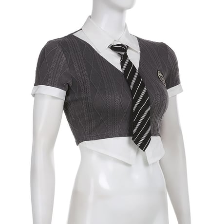 フェイクレイヤード トップス ネクタイ付き tシャツ ブラウス スリムフィット ショート丈 半袖 ドッキングトップス レトロ 大人可愛い ガーリー DTCA-701203919736