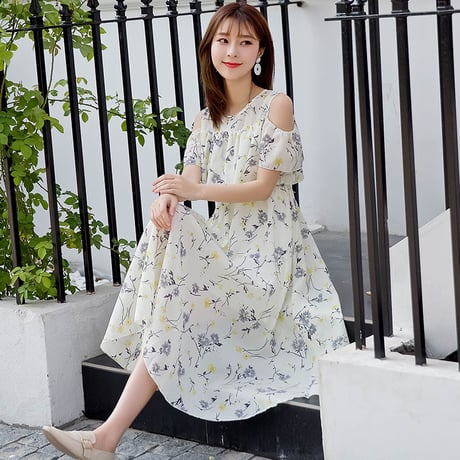 レディース レースレイヤー肩あき 花柄ワンピース フリル フェミニン ガーリー 韓国ファッション (DCT-569895814971)