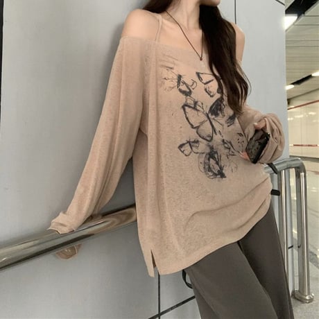 Tシャツ 長袖 薄手 オフショルダー バタフライプリント 肌見せ トップス ルーズ ゆったり カジュアル レトロ 韓国ファッション レディース 大人可愛い ガーリー DTC-737314333337