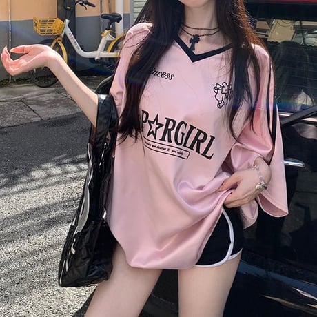 Tシャツ ユニフォーム風 サイドライン Vネック トップス 半袖 オーバーサイズ レトロ 韓国ファッション レディース 大人可愛い ガーリー スポーツミックス DTC-812444710826