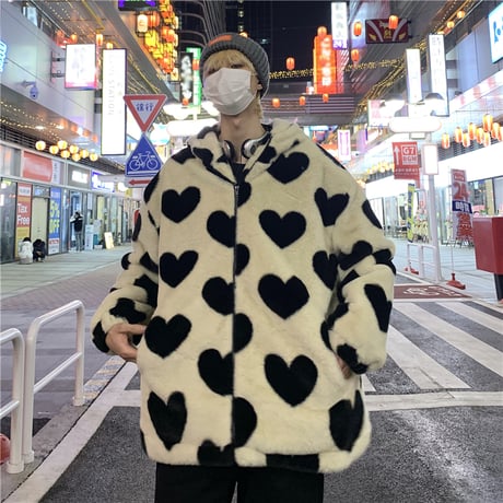 ユニセックス ハート柄 ボアジャケット ボアパーカー ファー ラムウール 韓国ファッション メンズ レディース 男女兼用 ゆったり アウター 大人可愛い DTC-634631995226