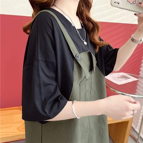 フェイクレイヤード ワンピース Tシャツ ドッキングワンピース ミニ丈 バイカラー ルーズ 半袖 レトロ 大人可愛い ガーリー 韓国ファッション レディース DTC-678993747695