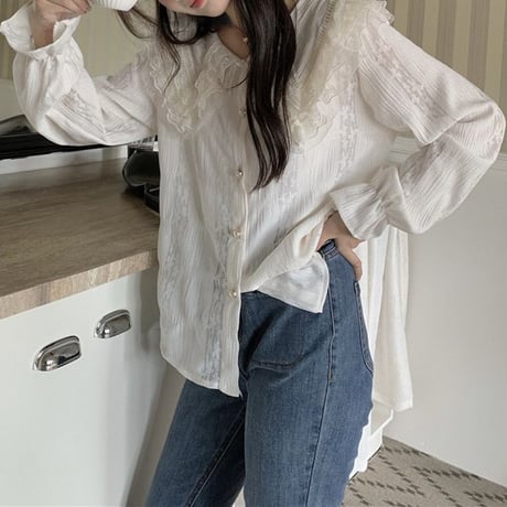 ブラウス シャツ シフォン フリル レース ビックカラー フリル襟 キャンディスリープ トップス シンプル ゆったり 長袖 レトロ 大人可愛い ガーリー DTCA-73482174008166