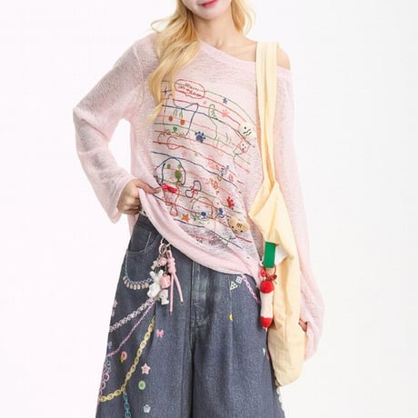 シアートップス 落書き風プリント 薄手 UVカット ワンショルダー シアーtシャツ ロンt トップス 日焼け防止 ゆったり 長袖 レトロ 大人可愛い ガーリー DTCA-925730185096