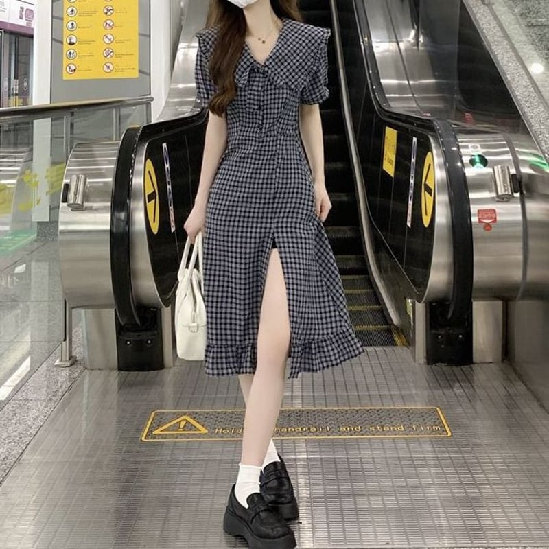 【韓国ファション】ワンピース チェック柄 スリット 七分袖 チェック柄 スリット ワンピース リボンタイ 大きい襟 ハイ