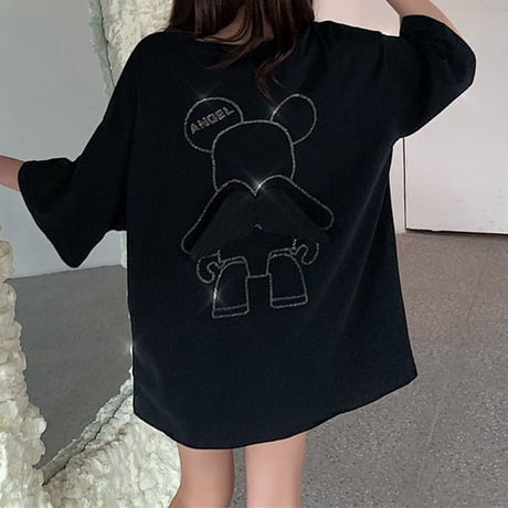 Tシャツ 半袖 スパンコール 羽 エンジェルくまちゃん シンプル ガーリー フェミニン カジュアル 韓国ファッション レディース 韓国ストリートファッション DTC-639357224388