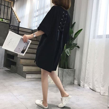 Tシャツワンピース レースアップ バックリボン ゆったり ルーズ チュニック 半袖 レトロ 韓国ファッション レディース 大人可愛い ガーリー DCT-556806546749