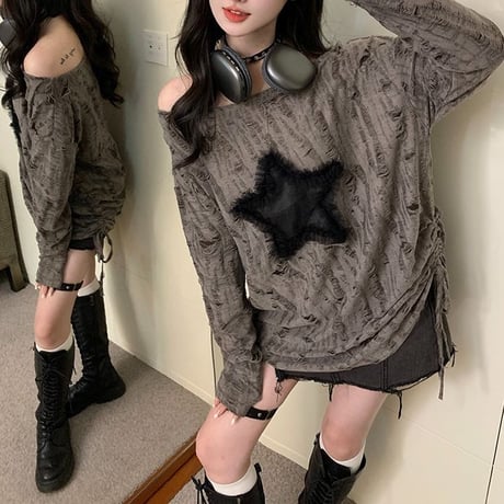 ロンT ダメージ加工 スター 星 ドローストリング ドロスト ダメージトップス プルオーバー tシャツ オーバーサイズ ルーズ 長袖 レトロ 大人可愛い ガーリー DTCA-837831882209