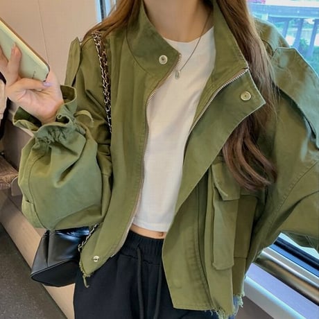 ミリタリー風 ブルゾン ジャンパー 裾ダメージ ショート丈 ルーズ ミリタリージャケット 韓国ファッション レディース カジュアル 韓国ストリートファッション DTC-681922934598