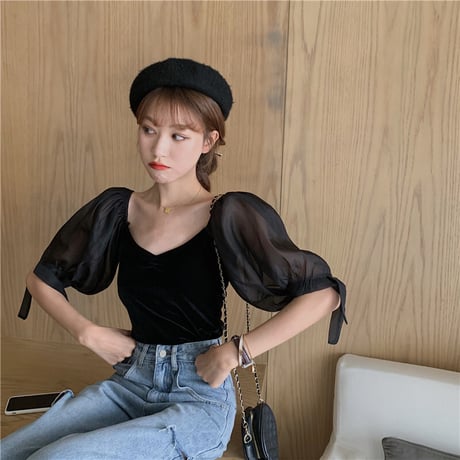 袖チュール 切替え トップス ブラウス 韓国ファッション レディース 半袖 薄手 シースルー 透け Vネック バブルスリーブ パフ袖 レトロ ガーリー DTC-619267113391