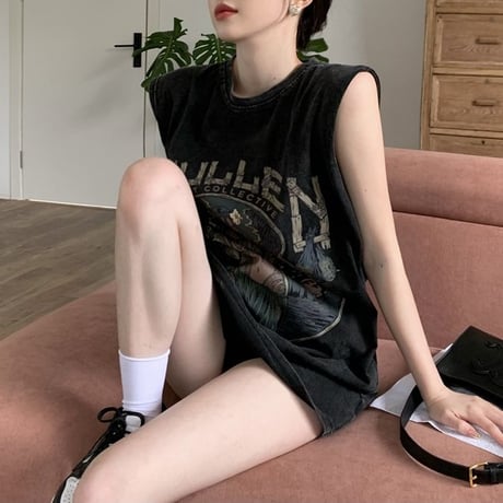 ヴィンテージ風 ノースリーブ ウォッシュ加工 タンクトップ tシャツ トップス オーバーサイズ ルーズ レトロ 大人可愛い ガーリー カジュアル ストリート女子 DTCA-795945053217