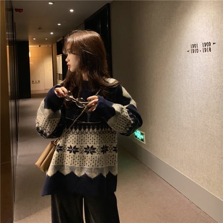 セットアップ ノルディック柄 セーター ＋ コーデュロイパンツ ワイドパンツ 韓国ファッション レディース ニット ウエストゴム (DTC-608882795600)