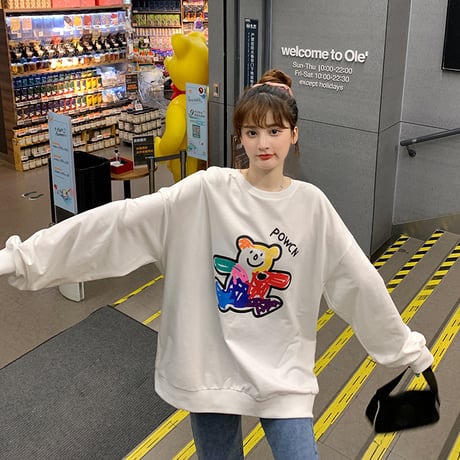 トレーナー 落書き風 クマちゃん プリント ルーズ スウェット 韓国ファッション レディース ラウンドネック 長袖 ガーリー (DTC-624906211705)