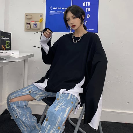 ユニセックス 長袖 Tシャツ メンズ レディース レイヤード風 裾ダメージ加工 ラウンドネック オーバーサイズ 大きいサイズ ストリート TBN-625479955275