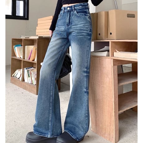 デニムパンツ ブラスト加工 スリム Gパン デニム ドレープ ボトムス ハイウエスト ルーズ パンツ ズボン レトロ 大人可愛い ガーリー カジュアル DTCA-863235522285