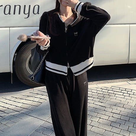 セットアップ トップス パーカー ワイドパンツ ダブルジップ ハートチャーム ジャージ 長袖 レトロ 韓国ファッション レディース 大人可愛い ガーリー カジュアル DTC-747506383779