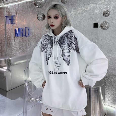 プルオーバー パーカー ユニセックス プラスベルベット 韓国ファッション メンズ レディース 天使 羽 プリント オーバーサイズ ストリート カジュアル DTC-604563611550