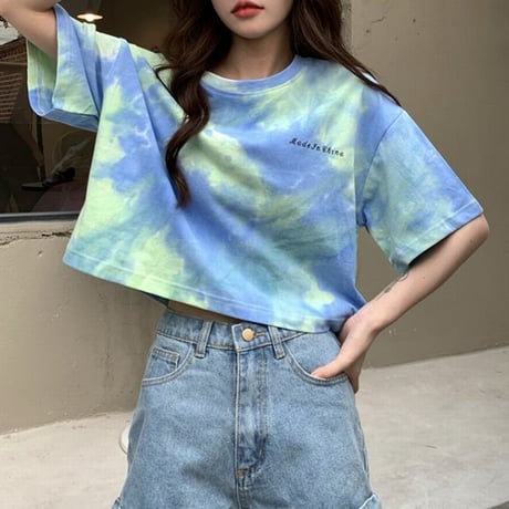 【3カラー】  Tシャツ タイダイ柄 半袖 クロップド丈 ショート丈 へそ出し 絞り染め カジュアル 韓国ファッション レディース 韓国ストリートファッション DTC-646013907781