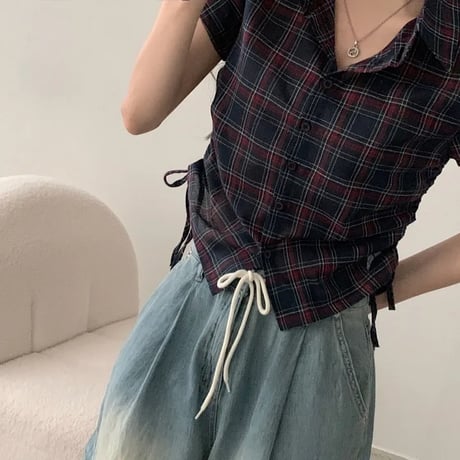 チェック柄シャツ サイドシャーリング トップス ショート丈 ドローストリング ドロスト チェックシャツ 半袖 レトロ 大人可愛い ガーリー カジュアル トレンド DTCA-925867914003