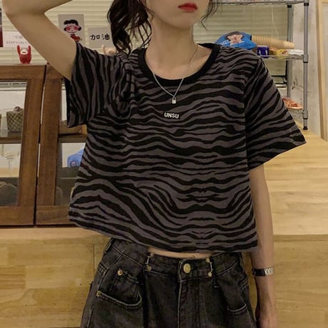 ゼブラ柄 クロップド丈 Tシャツ へそ出し 半袖 ラウンドネック 韓国ファッション レディース ショート丈 トップス カットソー 夏 大人可愛い ガーリー DTC-644312871522