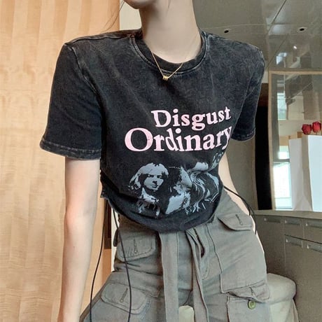 tシャツ 半袖 ショート丈 ドロスト 英字プリント ドローコード ドローストラップ クロップド丈 半袖Tシャツ 韓国ファッション レディース ガーリー カジュアル DTC-677077695574