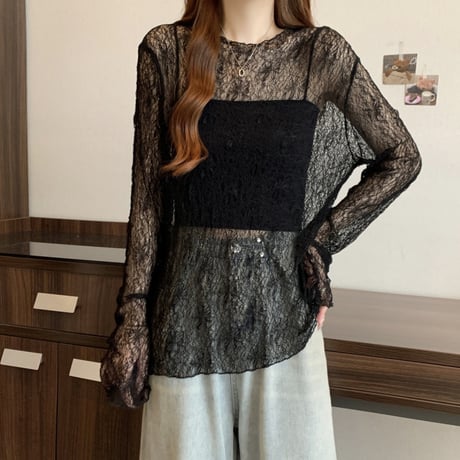 シアートップス レース tシャツ トップス クルーネック UVカット シアーtシャツ ゆったり ルーズ 長袖 レトロ 大人可愛い ガーリー トレンド DTCA-907055529072