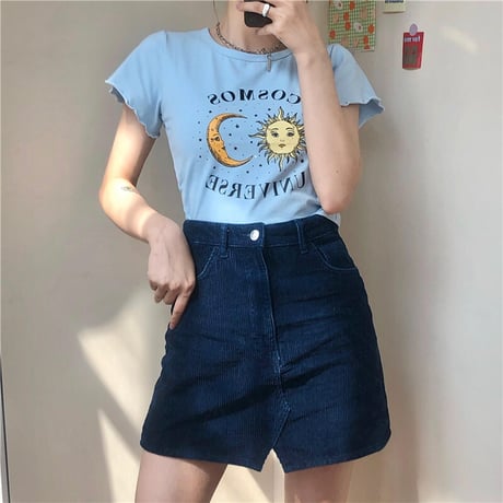 Tシャツ 半袖 袖切りっぱなし ショート丈 月と太陽 ブルー カジュアル レトロ  韓国ファッション レディース 大人可愛い ガーリー DTC-614247121002_bl