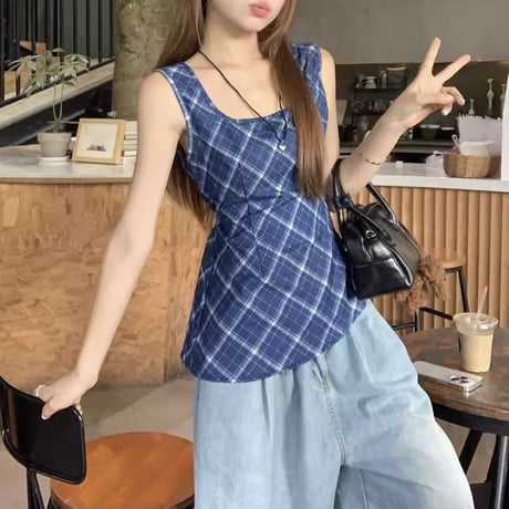 チェック柄 ノースリーブ トップス バックオープン 背中開き バックレス カットアウト タンクトップ レトロ 大人可愛い ガーリー DTCA-914975171686