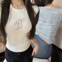 tシャツ エンジェルウィング 天使の羽 ラインストーン スパンコール ショート丈 ピチT タイト トップス スリムフィット 半袖 レトロ 大人可愛い ガーリー DTCA-770798338662