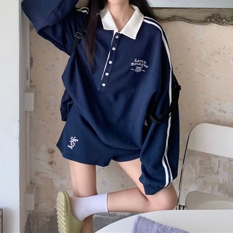 セットアップ 2点セット スウェット ショートパンツ ラガーシャツ トップス サイドライン トレーナー ルーズ 長袖 レトロ 大人可愛い ガーリー カジュアル DTC-820743639096