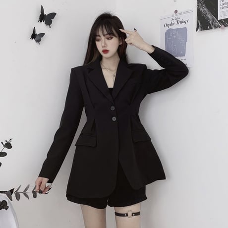 テーラードジャケット ウエストシェイプ ロング丈 韓国ファッション レディース ジャケット ルーズ 長袖 大人可愛い ガーリー DTC-629232843032