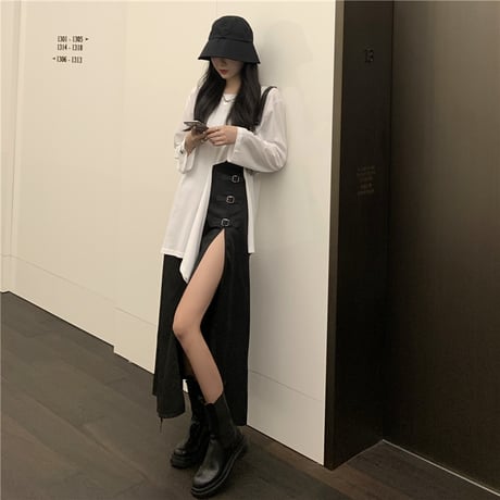 2点セット 不規則 Tシャツ 長袖 ＋ ロングスカート スリット バックル 韓国ファッション レディース セットアップ Tシャツ スカート 大人可愛い ガーリー DTC-626234293153
