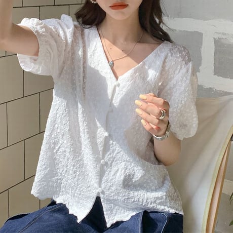 花柄 ブラウス Vネック パフ袖 半袖 薄手 ショート丈 韓国ファッション レディース トップス クロップド丈 大人可愛い ガーリー フェミニン DTC-650805314678