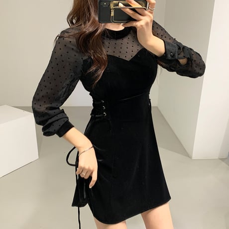 ハート ドット シースルー ワンピース ベルベット 韓国ファッション レディース ラウンドネック ハイウェスト ゆったり 大人可愛い ガーリー DTC-627470204490