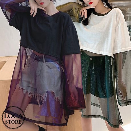 レディース Tシャツ ドッキング シースルー 無地 ラウンドネック トップス ガーリー フェミニン 韓国ファッション (DCT-598080019695)