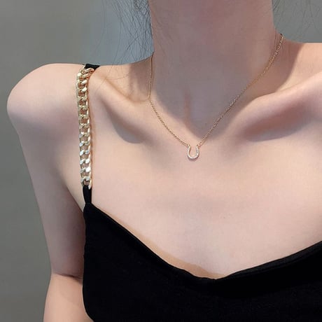 ネックレス ホースシュー 馬蹄 CZ 金属アレルギー対応 チェーン付き U字 ペンダント アクセサリー チタン メッキ シンプル ジュエリー DTC-a652504161020