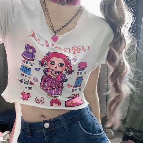 【2カラー】 Tシャツ 半袖 日本語 ユニーク クロップド丈 ショート丈 へそ出し 韓国ファッション レディース 大人可愛い ガーリー カジュアル DTC-640505473257