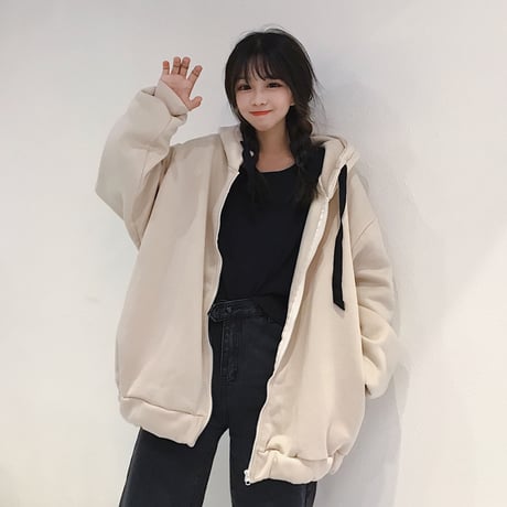 ジップアップ パーカー スウェット 韓国ファッション レディース バックプリント 英字 オーバーサイズ 秋 冬 大人カジュアル (DTC-561821959124)