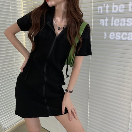 【3カラー】 パーカーワンピース ポケット付き 半袖 フード付き ミニワンピース ジップアップ レトロ 韓国ファッション レディース 大人可愛い ガーリー カジュアル DTC-638357573828