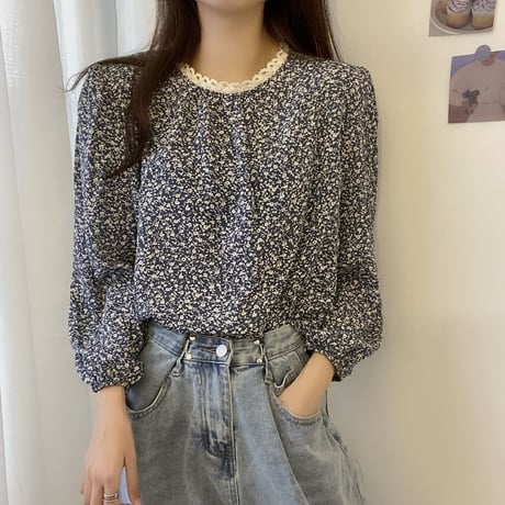 花柄ブラウス レース パフスリーブ トップス 花柄 ブラウス 総柄 長袖 レトロ 韓国ファッション レディース 大人可愛い ガーリー フェミニン DTC-650514777101